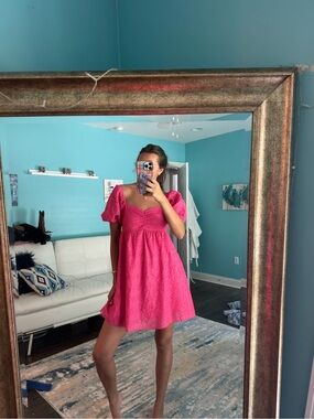 Eve Bright Pink Lace Puff-Sleeve Casual Dress